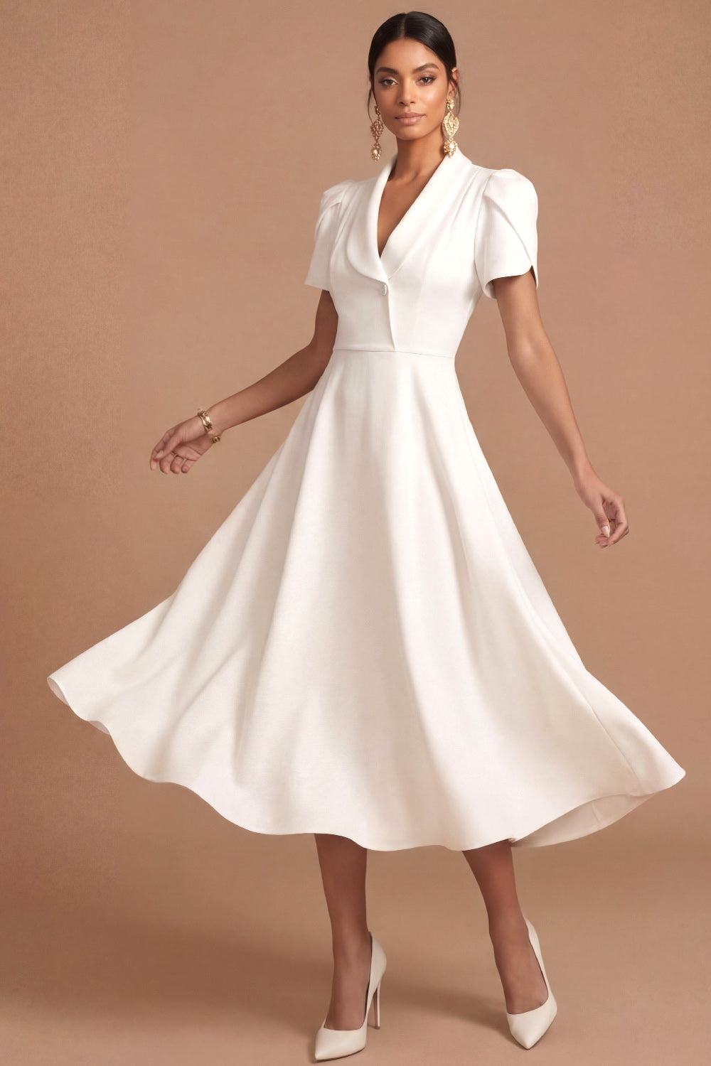 White A Line V Neck Short Sleeves Midi Engagement Dress