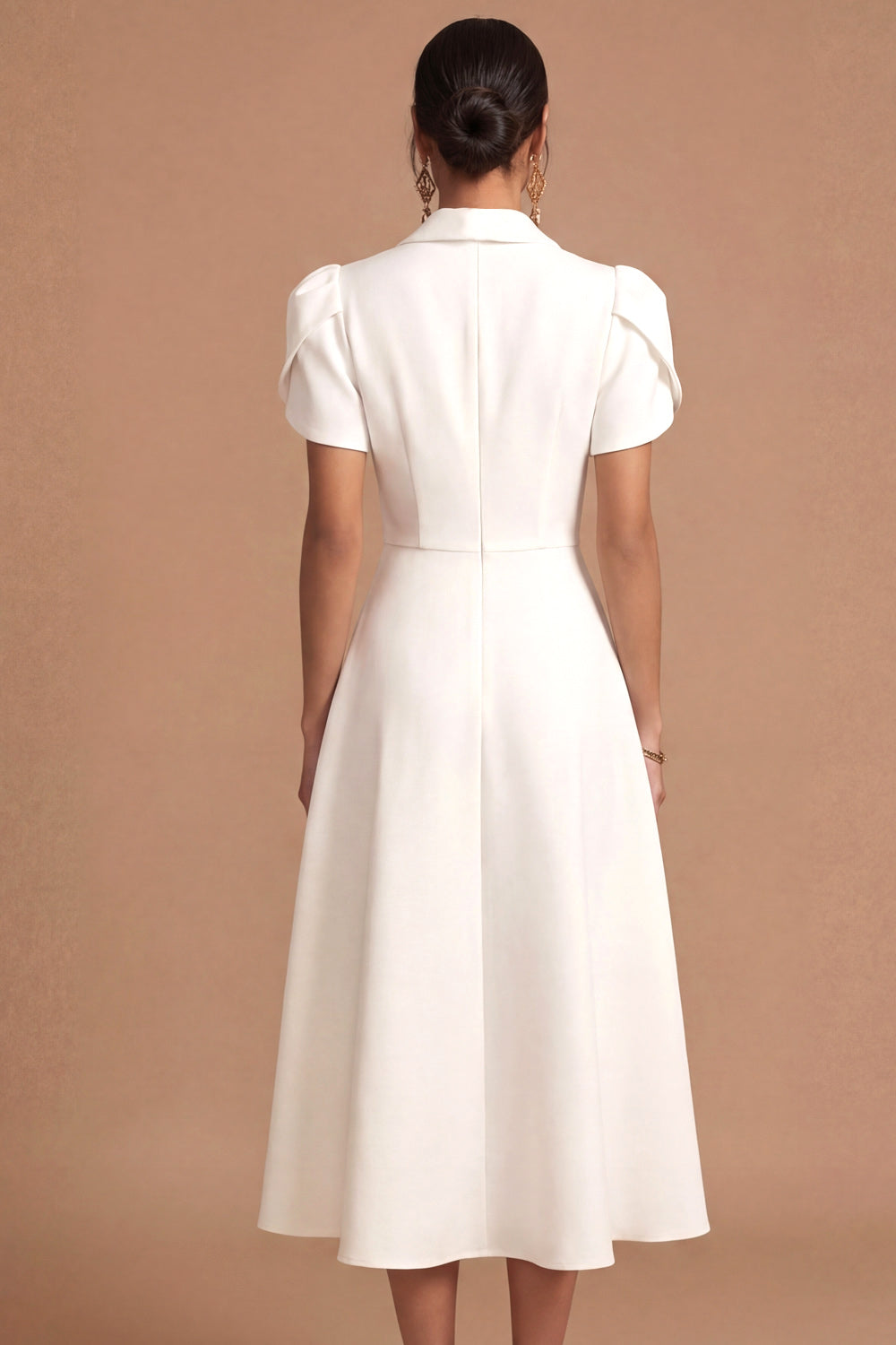 White A Line V Neck Short Sleeves Midi Engagement Dress