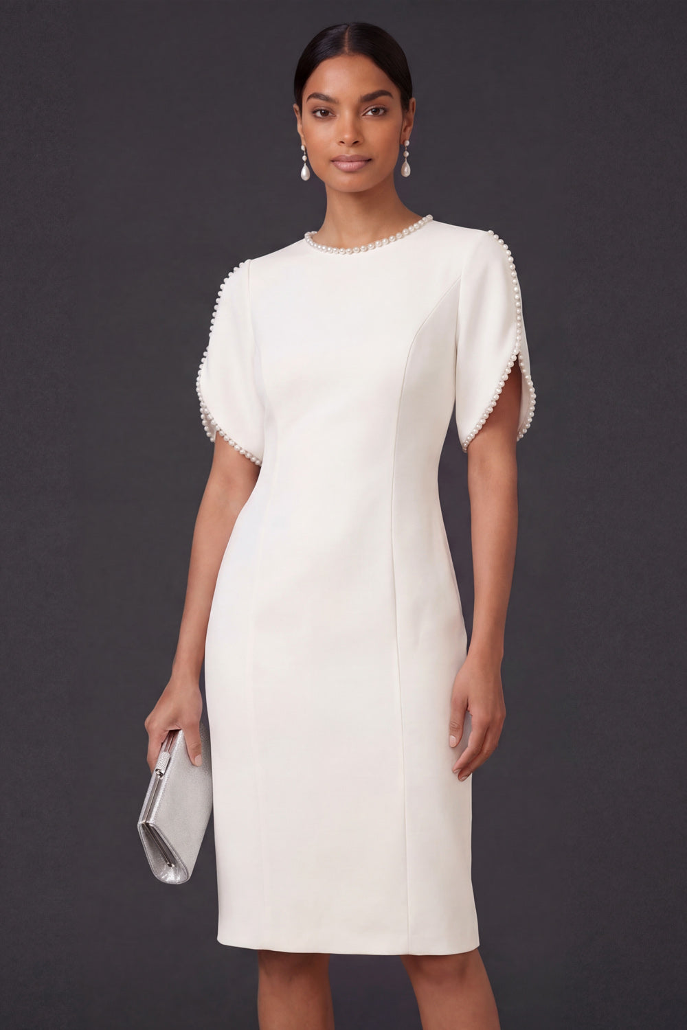 Satin Sheath White Beaded Short Sleeves Midi Engagement Dress