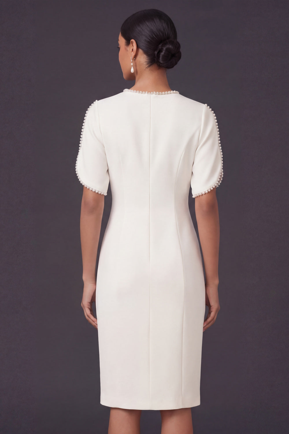 Satin Sheath White Beaded Short Sleeves Midi Engagement Dress