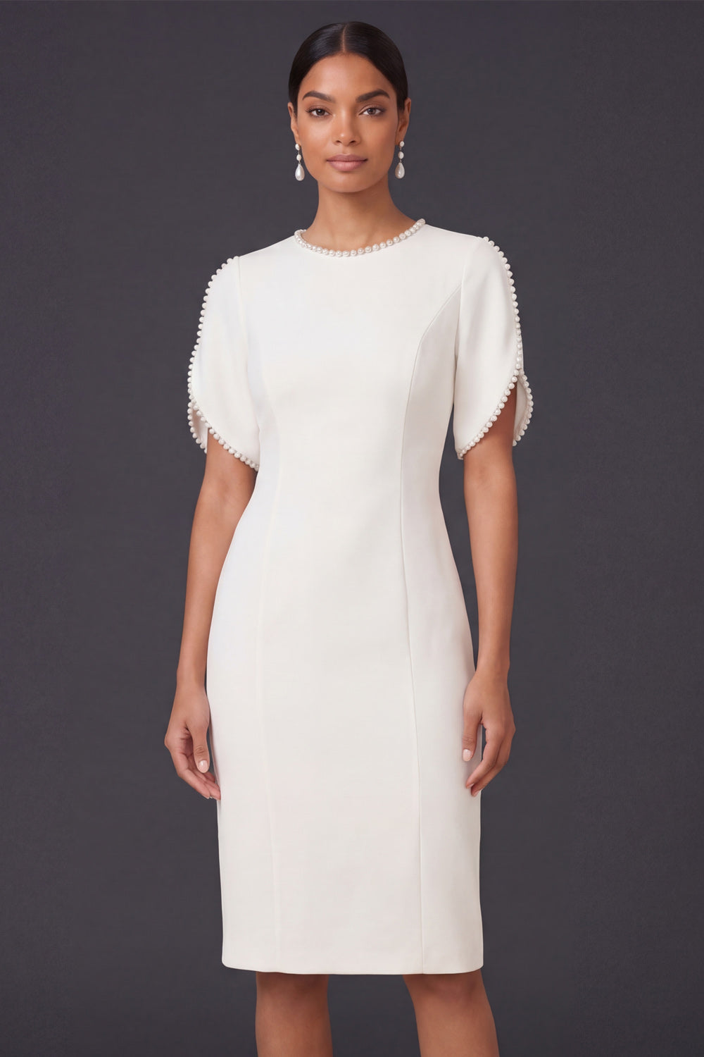 Satin Sheath White Beaded Short Sleeves Midi Engagement Dress