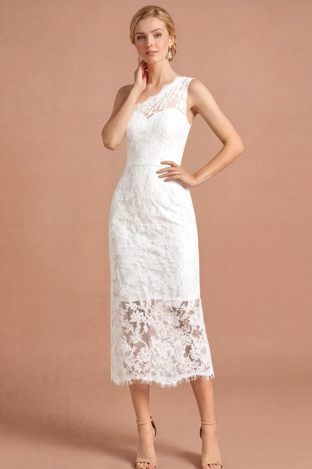 One Shoulder Sheath Appliqued White Midi Engagement Dress