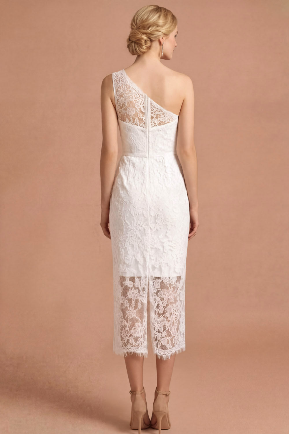One Shoulder Sheath Appliqued White Midi Engagement Dress
