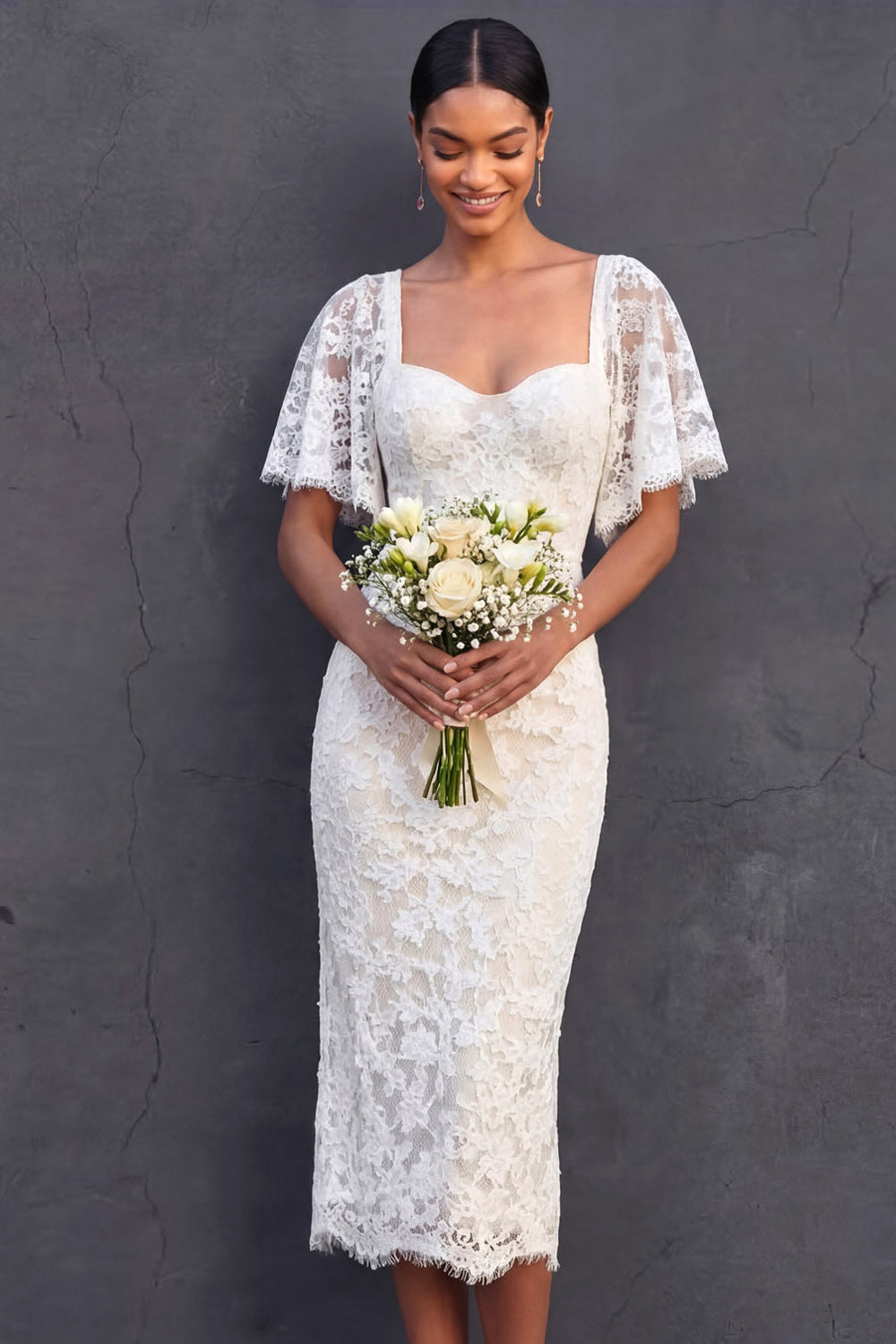 Floral Sheath Appliqued White Midi Engagement Dress