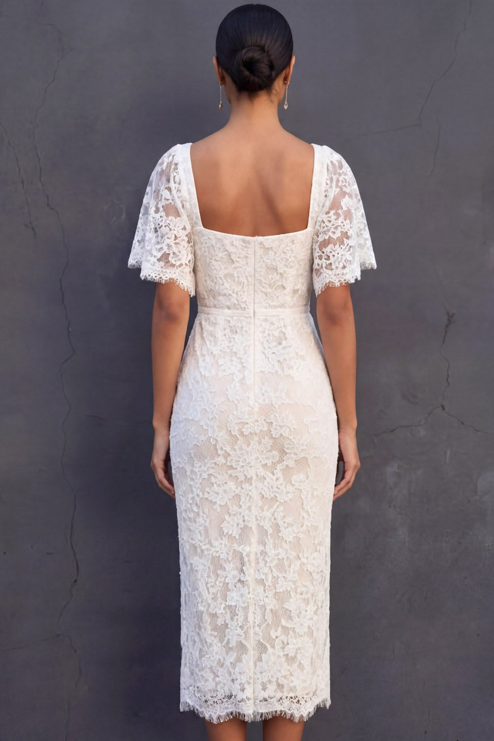 Floral Sheath Appliqued White Midi Engagement Dress