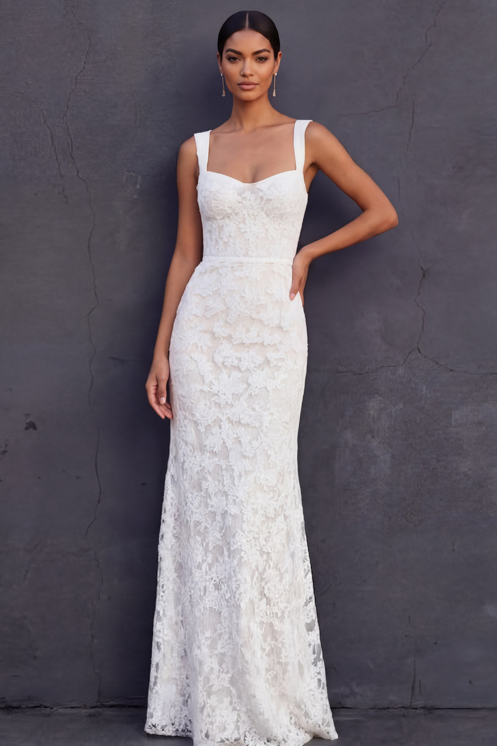White Floral Thick Straps Lace Sleeveless Long Engagement Dress