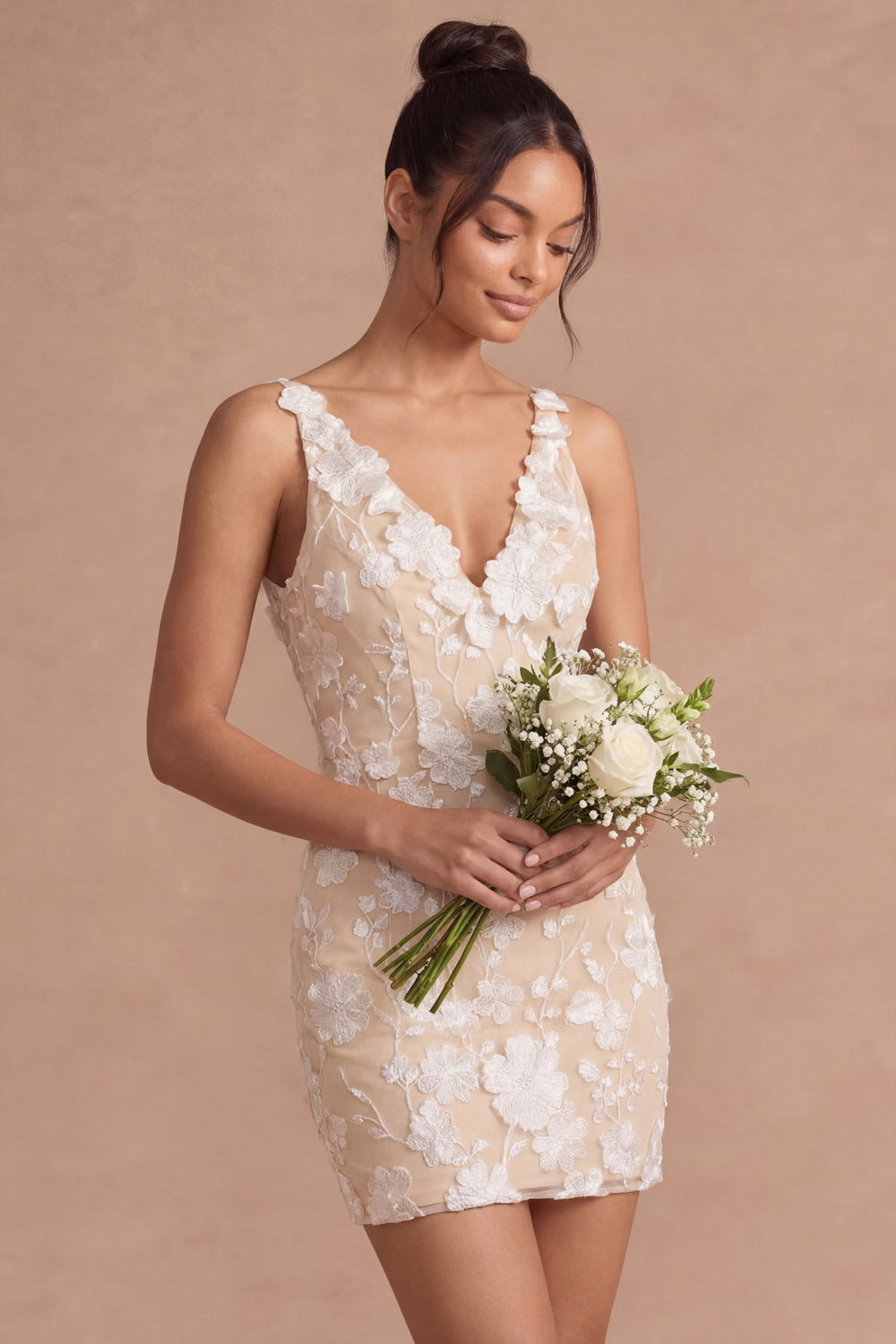 Appliqued Bodycon White V Neck Floral Short Bridal Shower Dress