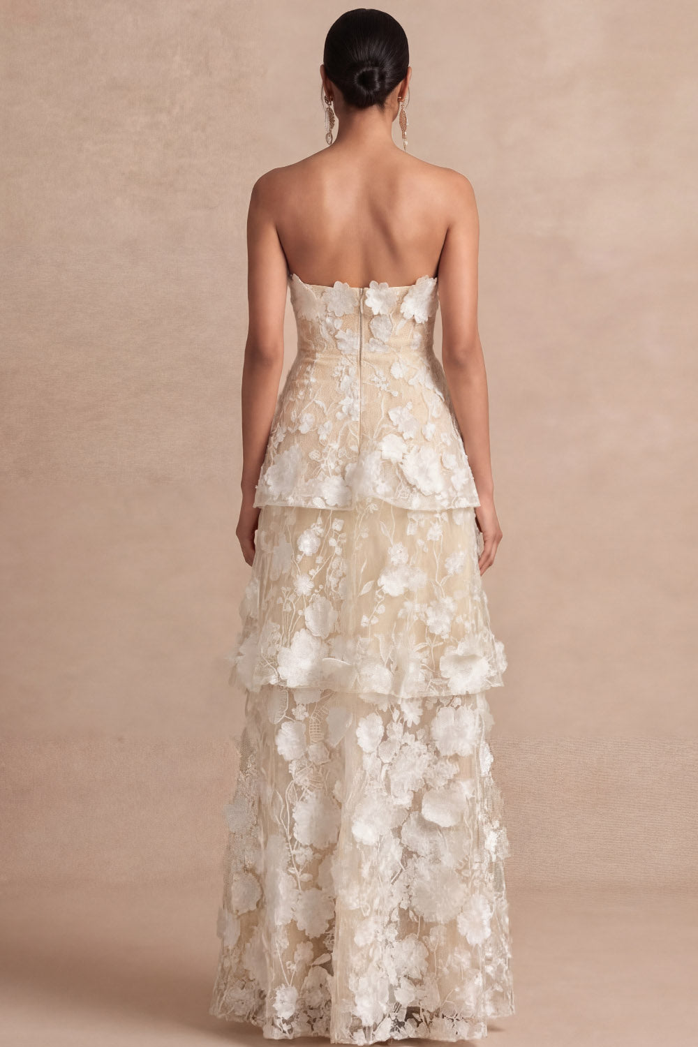 Floral White Appliqued A Line Tiered Long Wedding Reception Dress