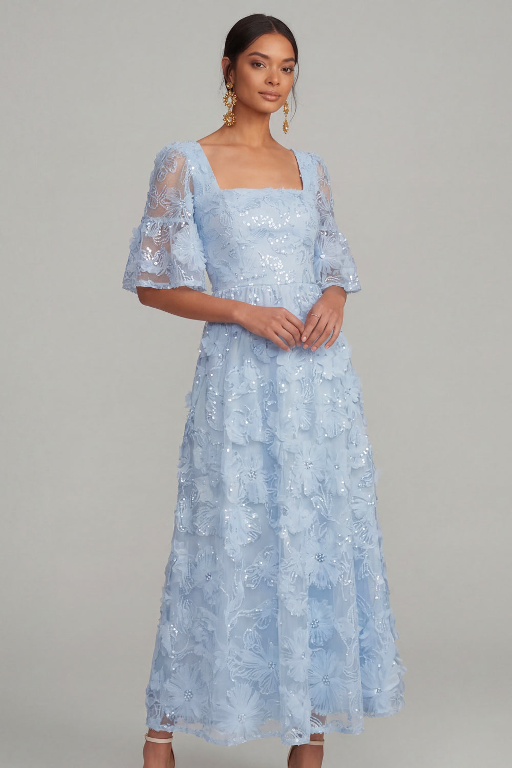 White Floral Appliqued A Line Sparkly Sequined Midi Engagement Dress