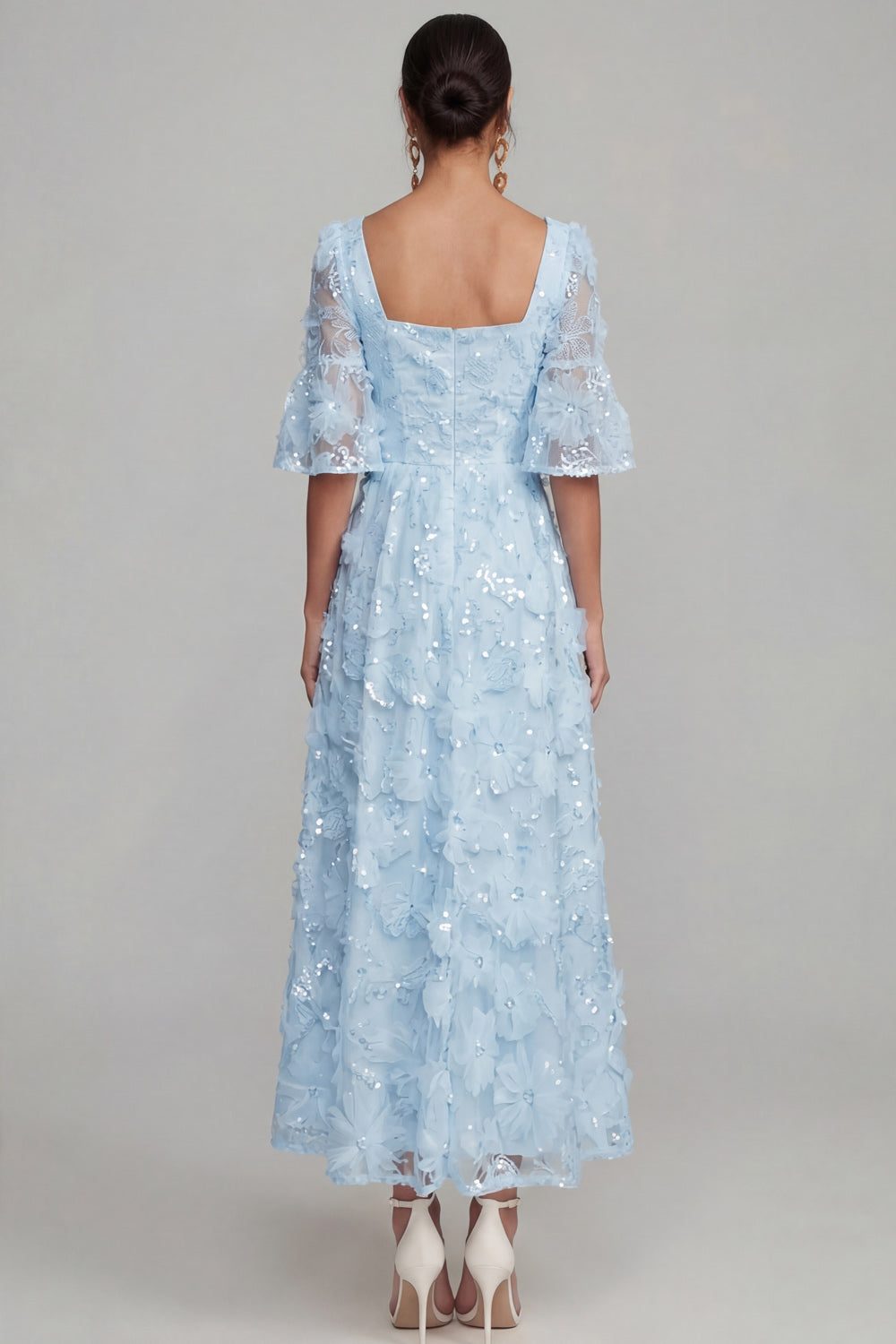 White Floral Appliqued A Line Sparkly Sequined Midi Engagement Dress