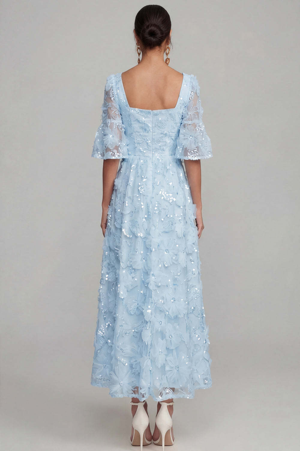 White Floral Appliqued A Line Sparkly Sequined Midi Engagement Dress