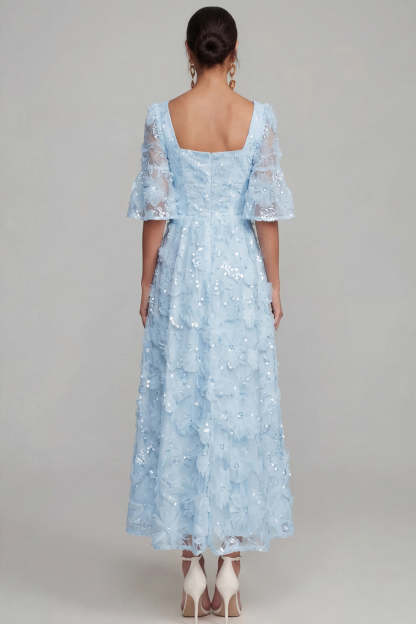 White Floral Appliqued A Line Sparkly Sequined Midi Engagement Dress