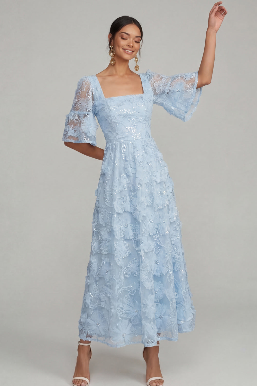 White Floral Appliqued A Line Sparkly Sequined Midi Engagement Dress