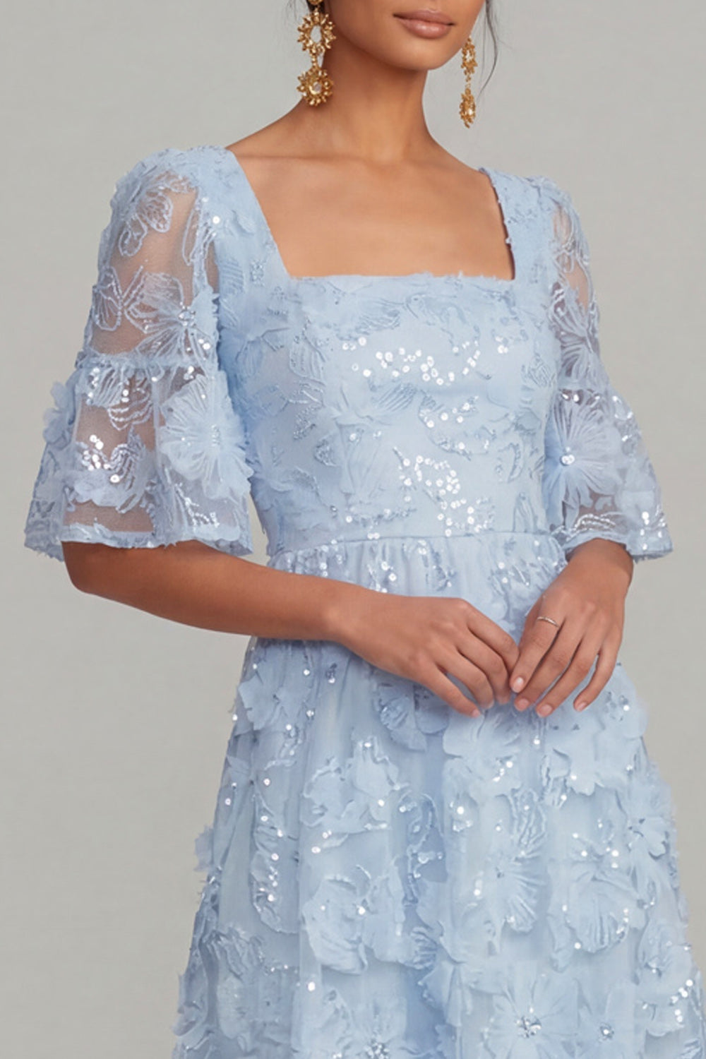 White Floral Appliqued A Line Sparkly Sequined Midi Engagement Dress