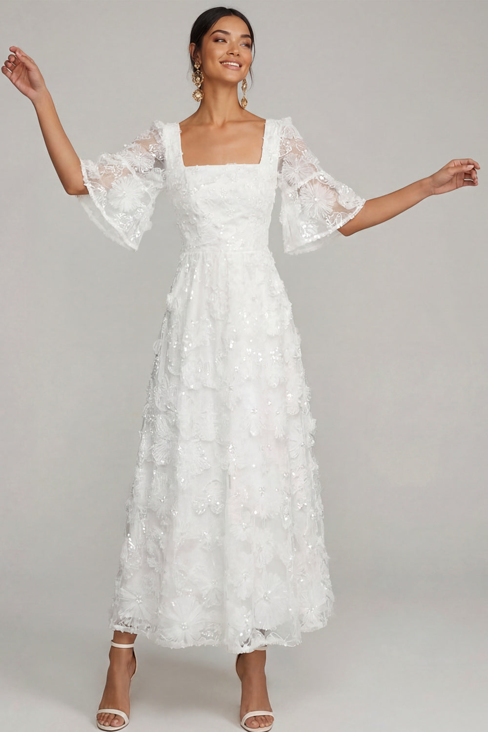 White Floral Appliqued A Line Sparkly Sequined Midi Engagement Dress