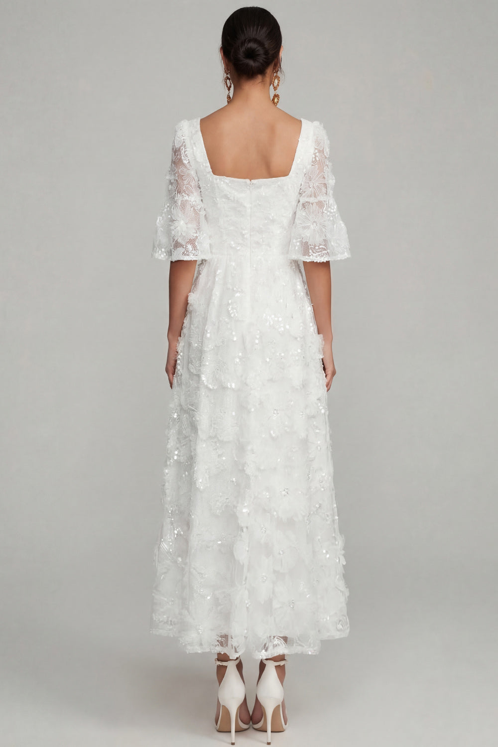 White Floral Appliqued A Line Sparkly Sequined Midi Engagement Dress
