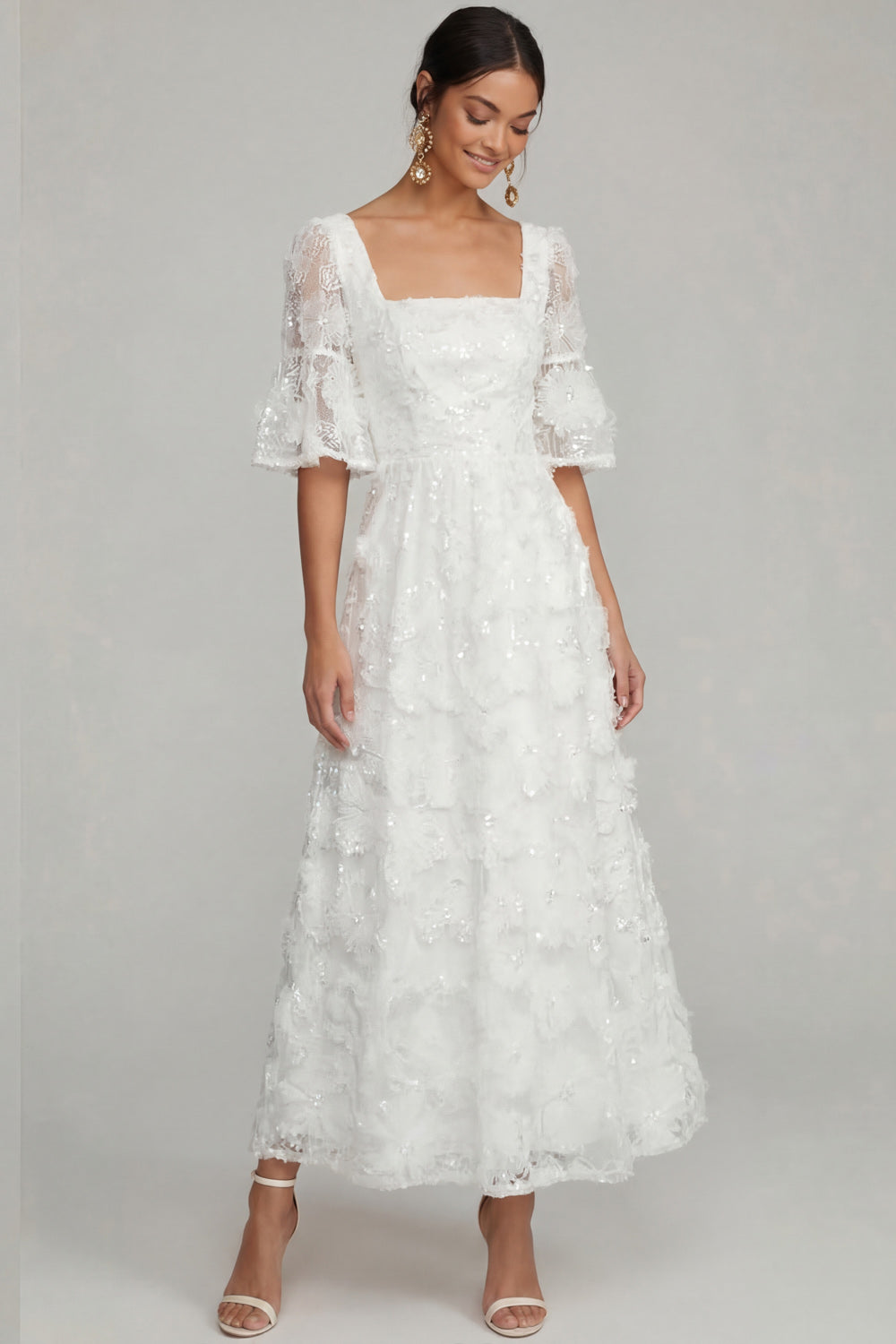 Leely Women White Floral Appliqued A Line Sparkly Midi Engagement Dress Sequined Square Neck Short Sleeves Wedding Reception Dress