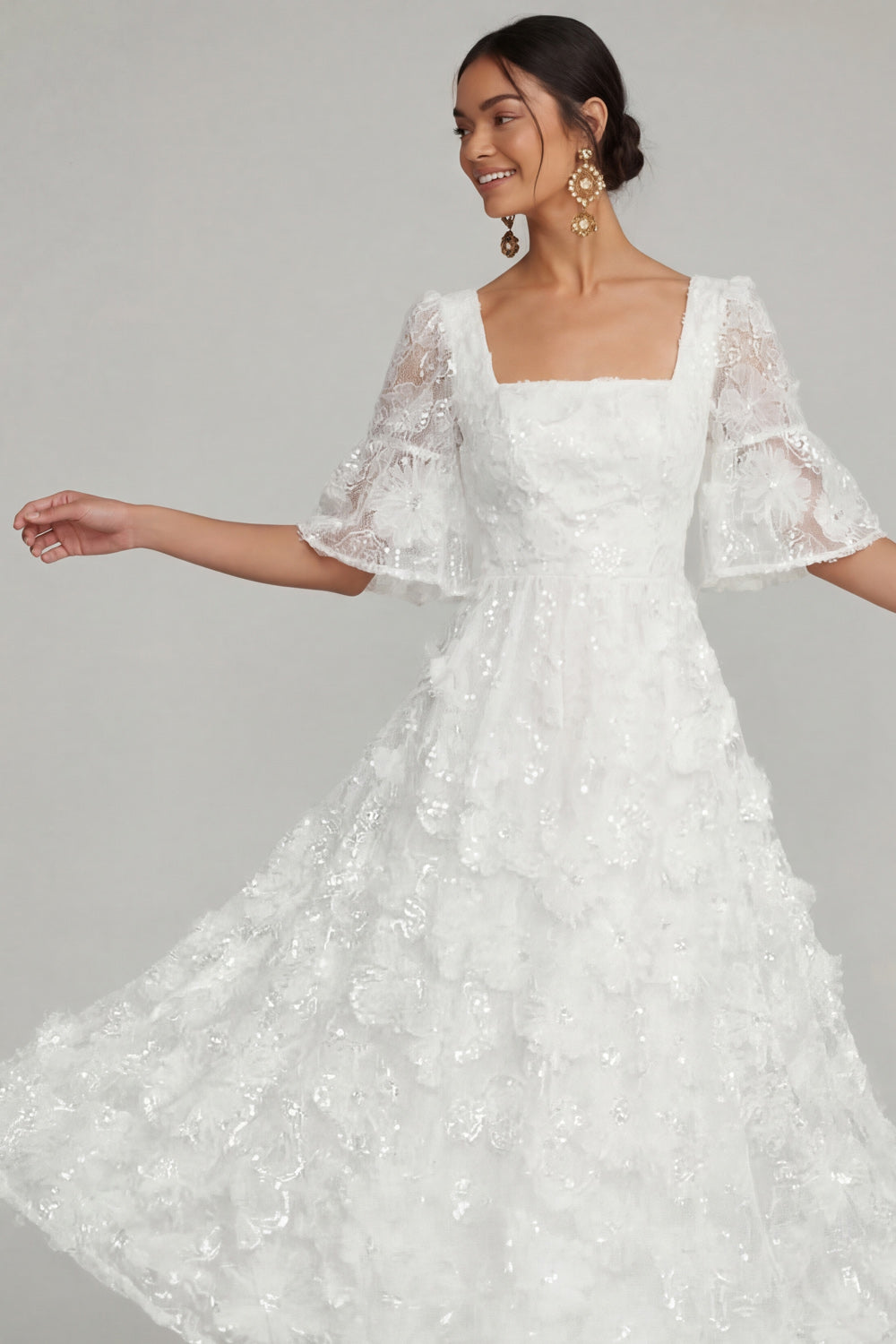 White Floral Appliqued A Line Sparkly Sequined Midi Engagement Dress
