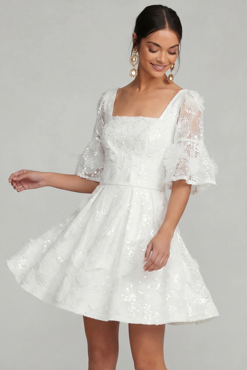 Appliqued Floral A Line Square Neck Flutter Neck Short Bridal Shower Dress