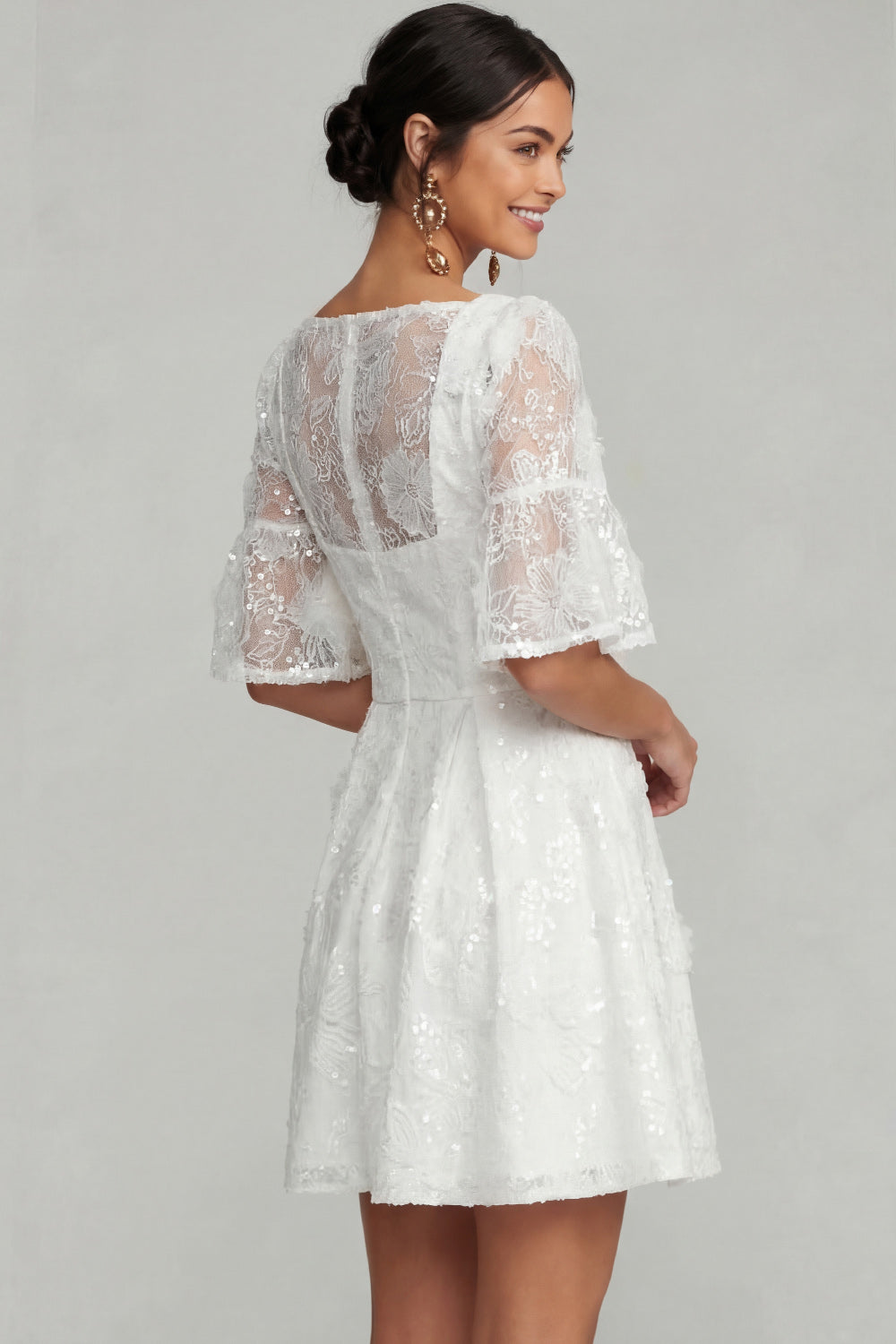 Appliqued Floral A Line Square Neck Flutter Neck Short Bridal Shower Dress