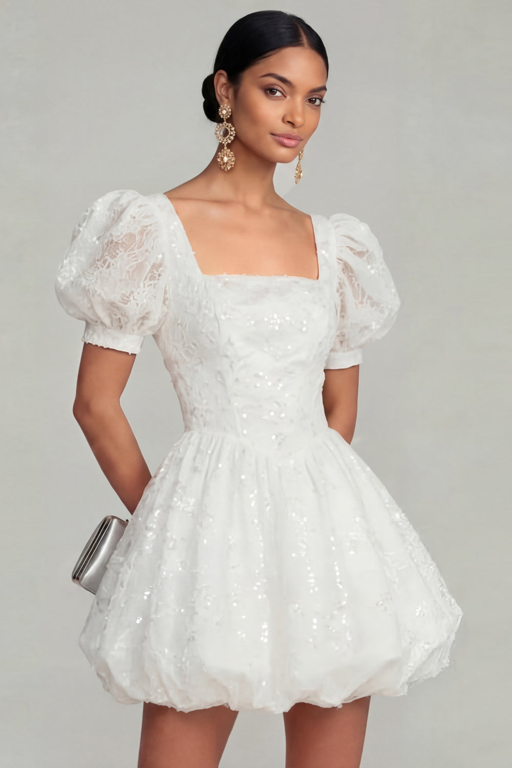 Sparkly White Floral Puff Sleeves A Line Short Bridal Shower Dress