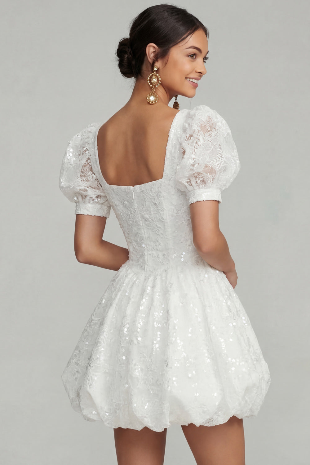 Sparkly White Floral Puff Sleeves A Line Short Bridal Shower Dress