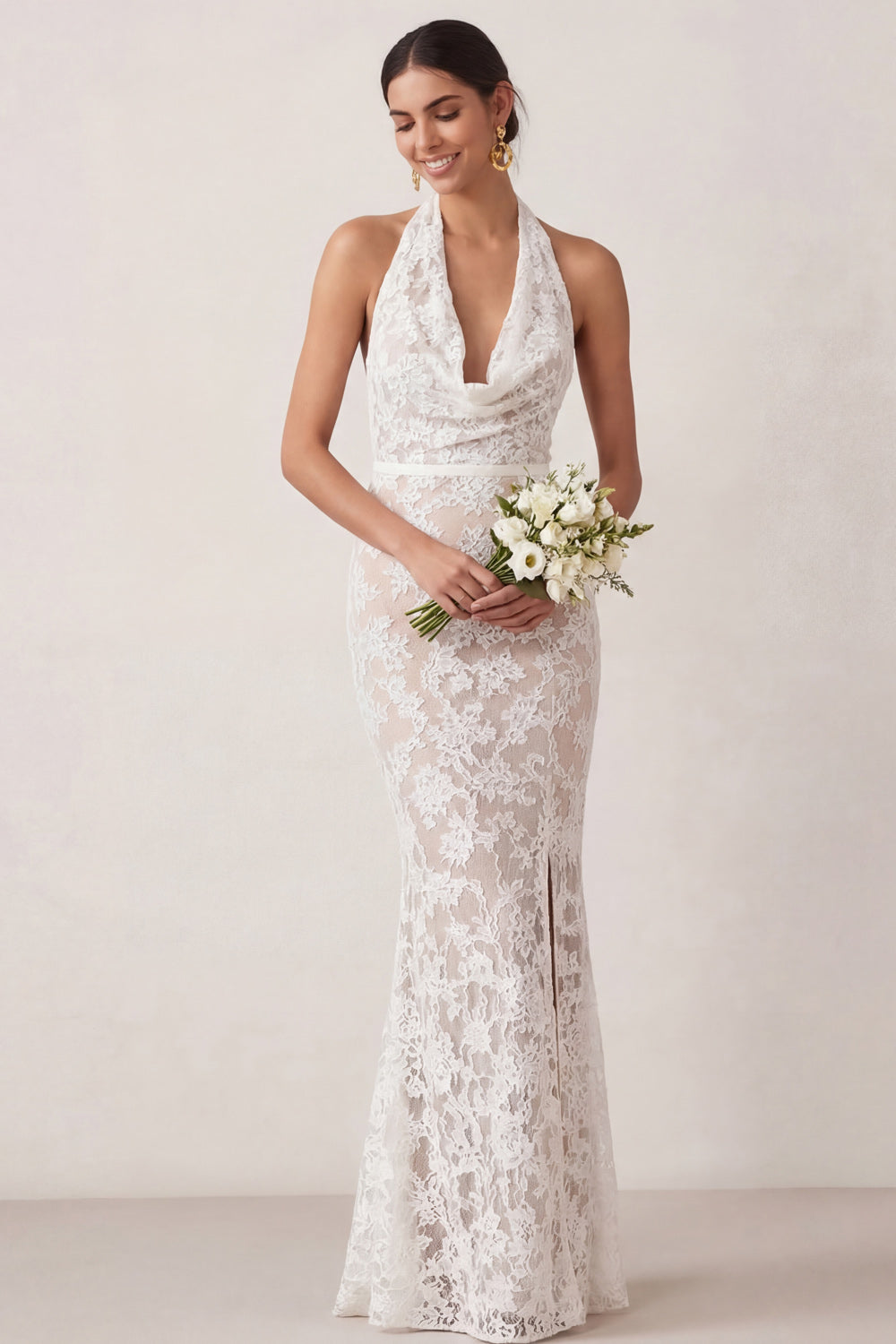 White Lace Floral Halter Neck Sheath Long Engagement Dress with Slit