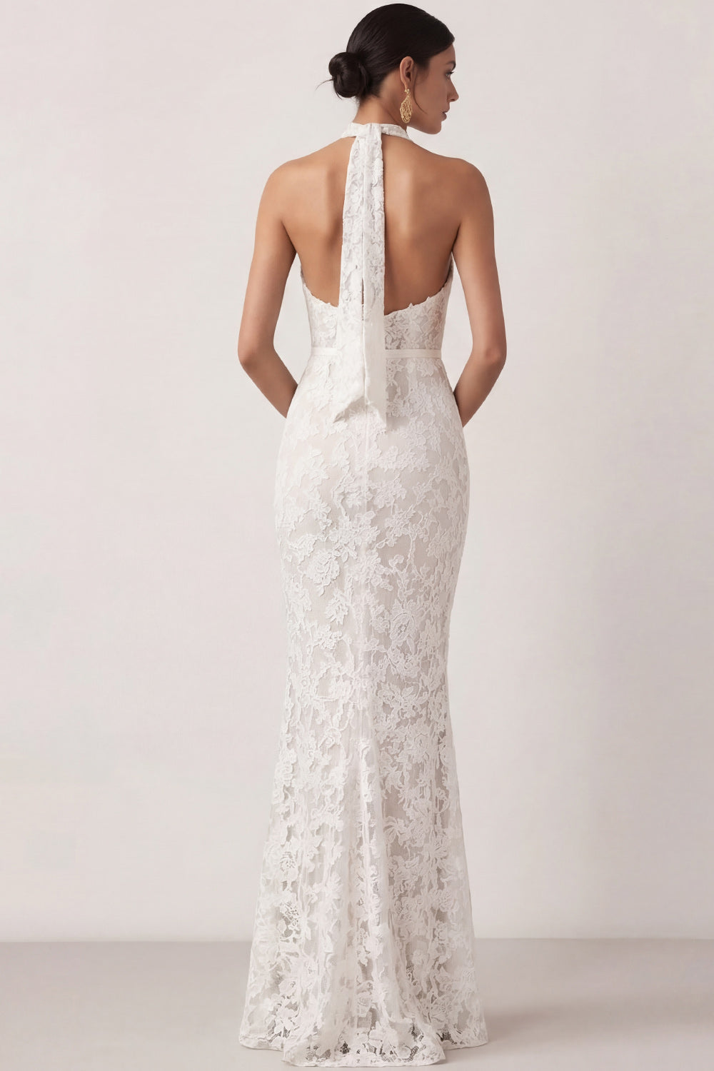 White Lace Floral Halter Neck Sheath Long Engagement Dress with Slit