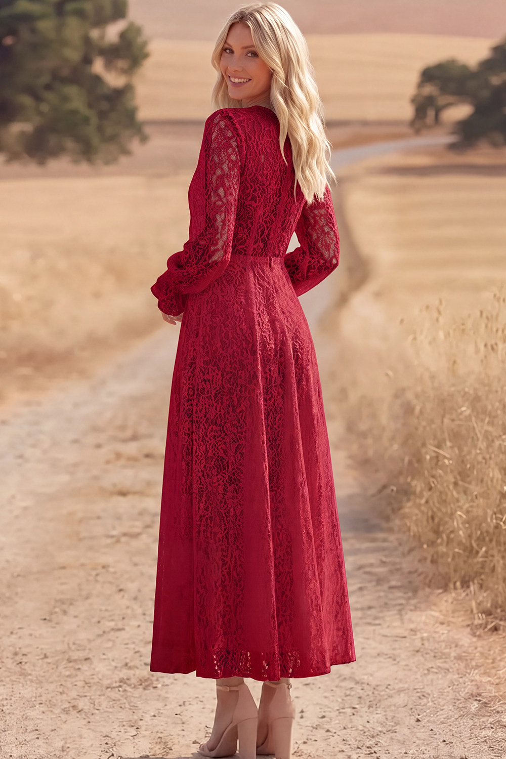 White Lace A Line V-Neck Long Boho Western Wedding Dress with Sleeves