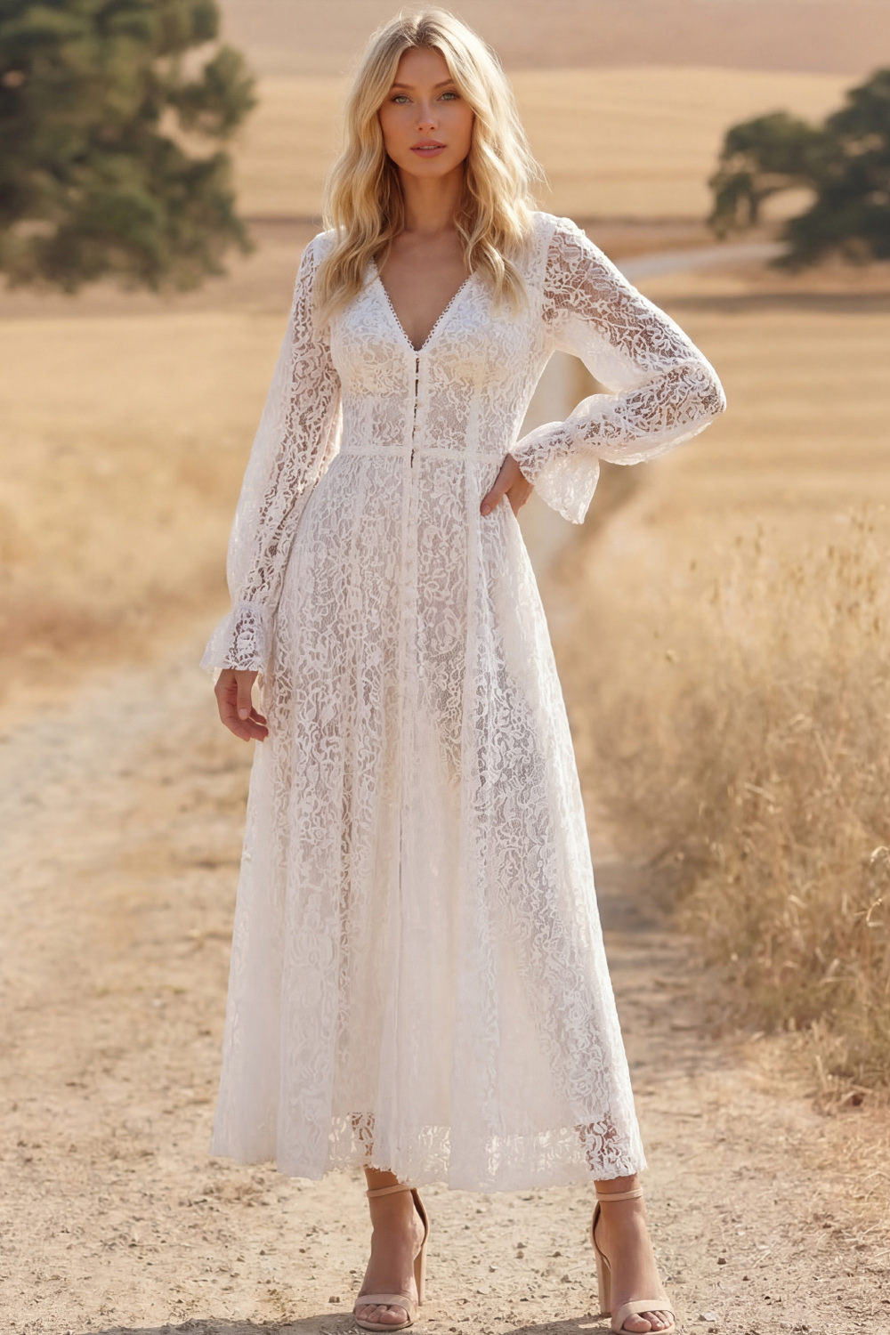 White Lace A Line V-Neck Long Boho Western Wedding Dress with Sleeves