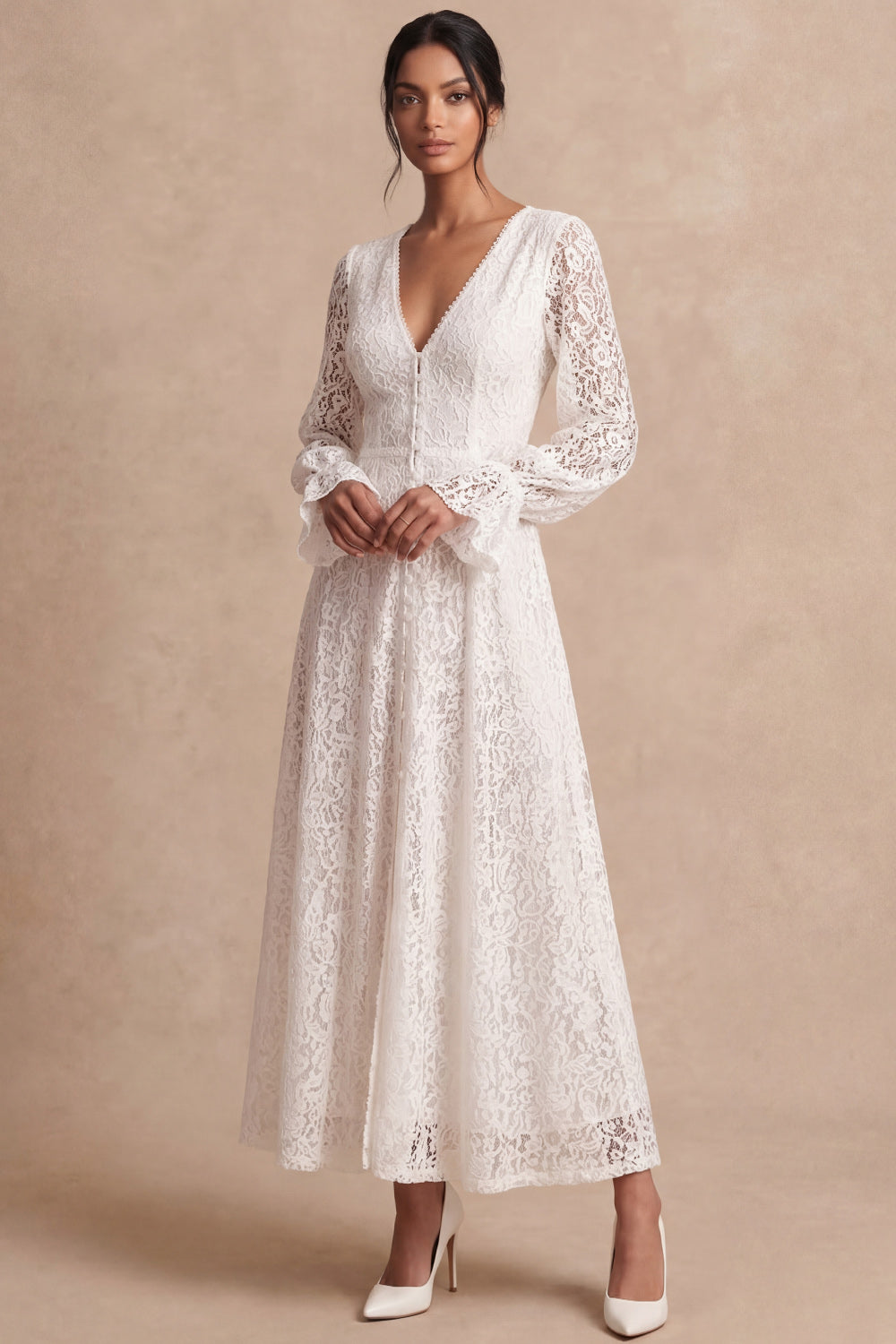 A Line White Lace V Neck Long Sleeves Floral Long Engagement Dress