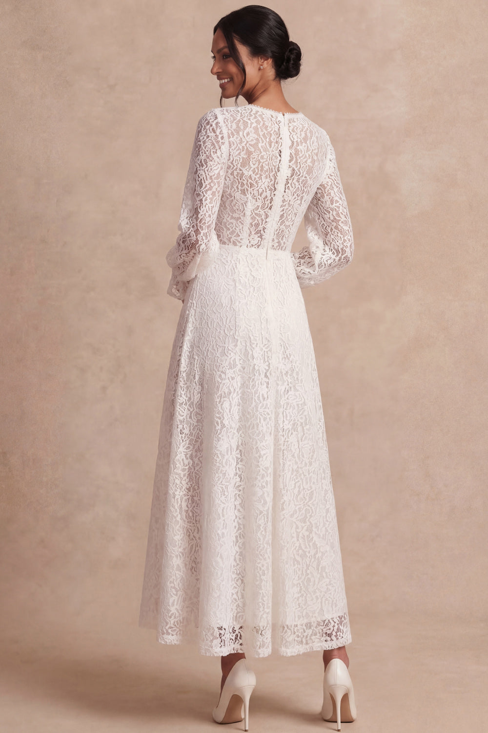 A Line White Lace V Neck Long Sleeves Floral Long Engagement Dress