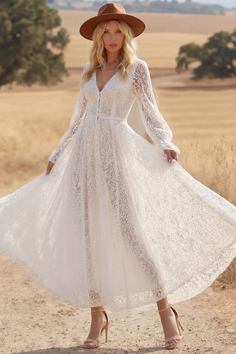 White Lace A Line V-Neck Long Boho Western Wedding Dress with Sleeves