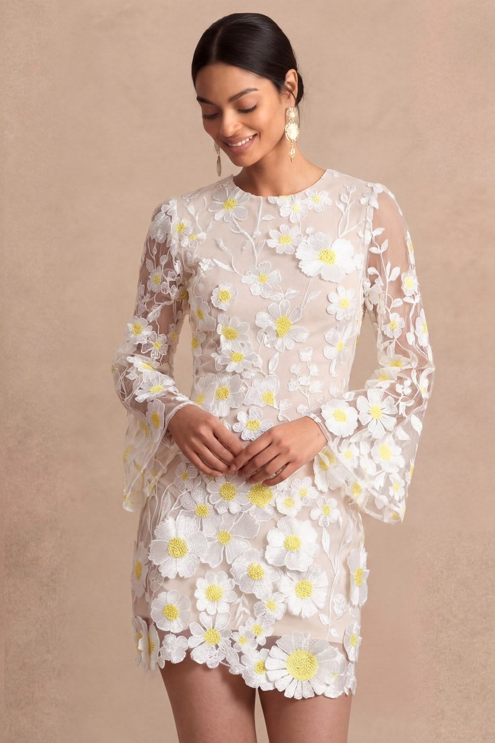 Appliqued White Long Sleeves Floral Short Bridal Shower Dress