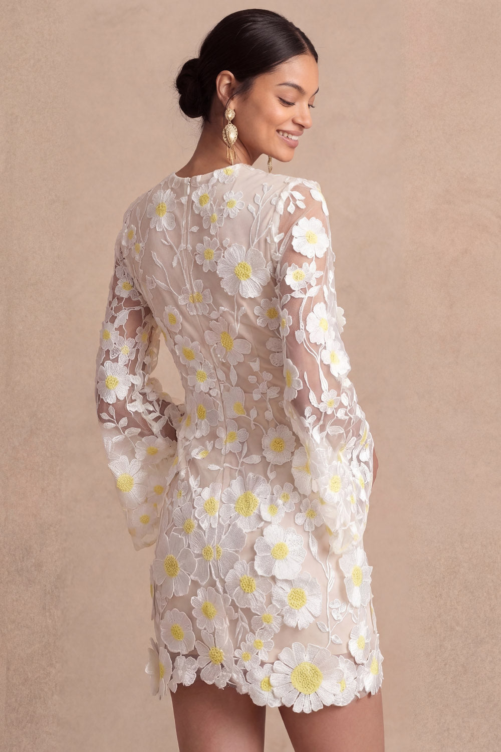 Appliqued White Long Sleeves Floral Short Bridal Shower Dress