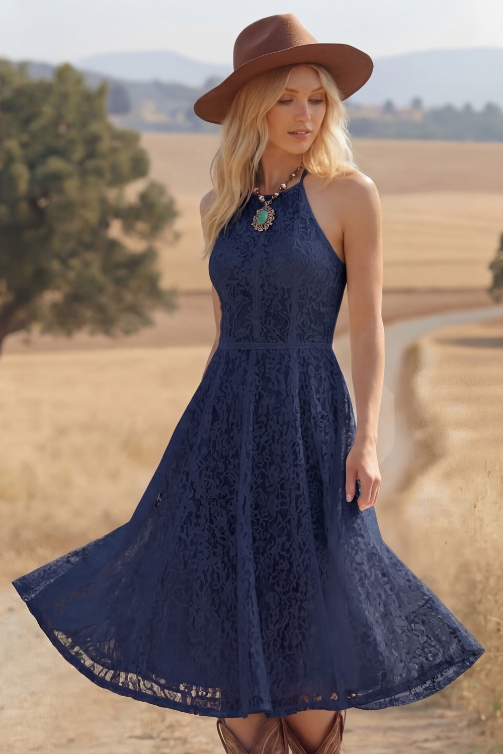 White Lace A Line Halter Midi Boho Western Wedding Dress