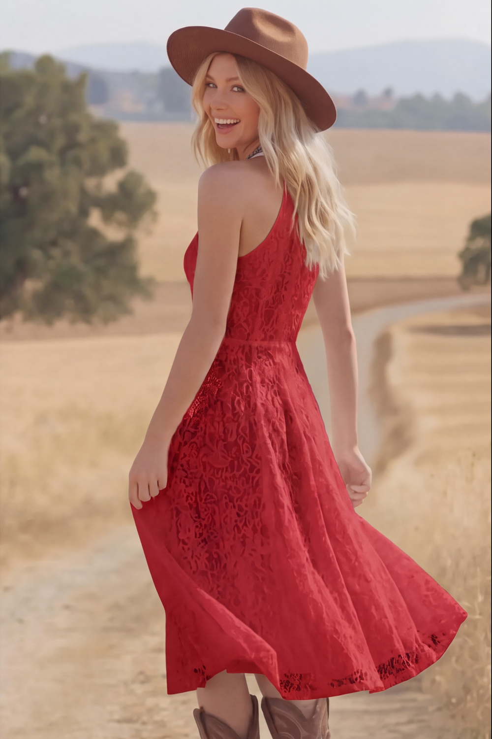 White Lace A Line Halter Midi Boho Western Wedding Dress