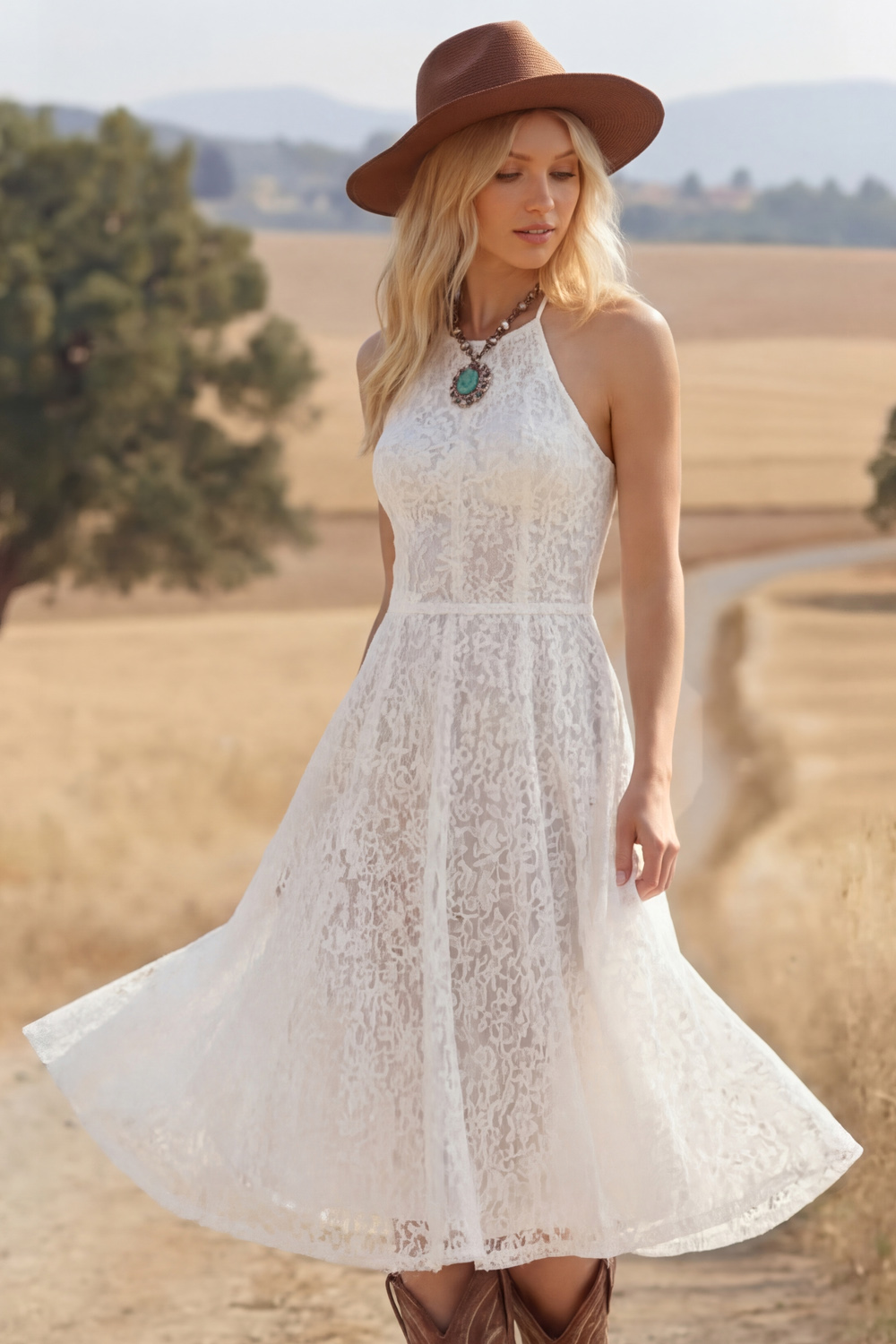 Leely Women White Boho Lace Midi Western Wedding Dress Halter A Line Sleeveless Cowgirl Wedding Dress