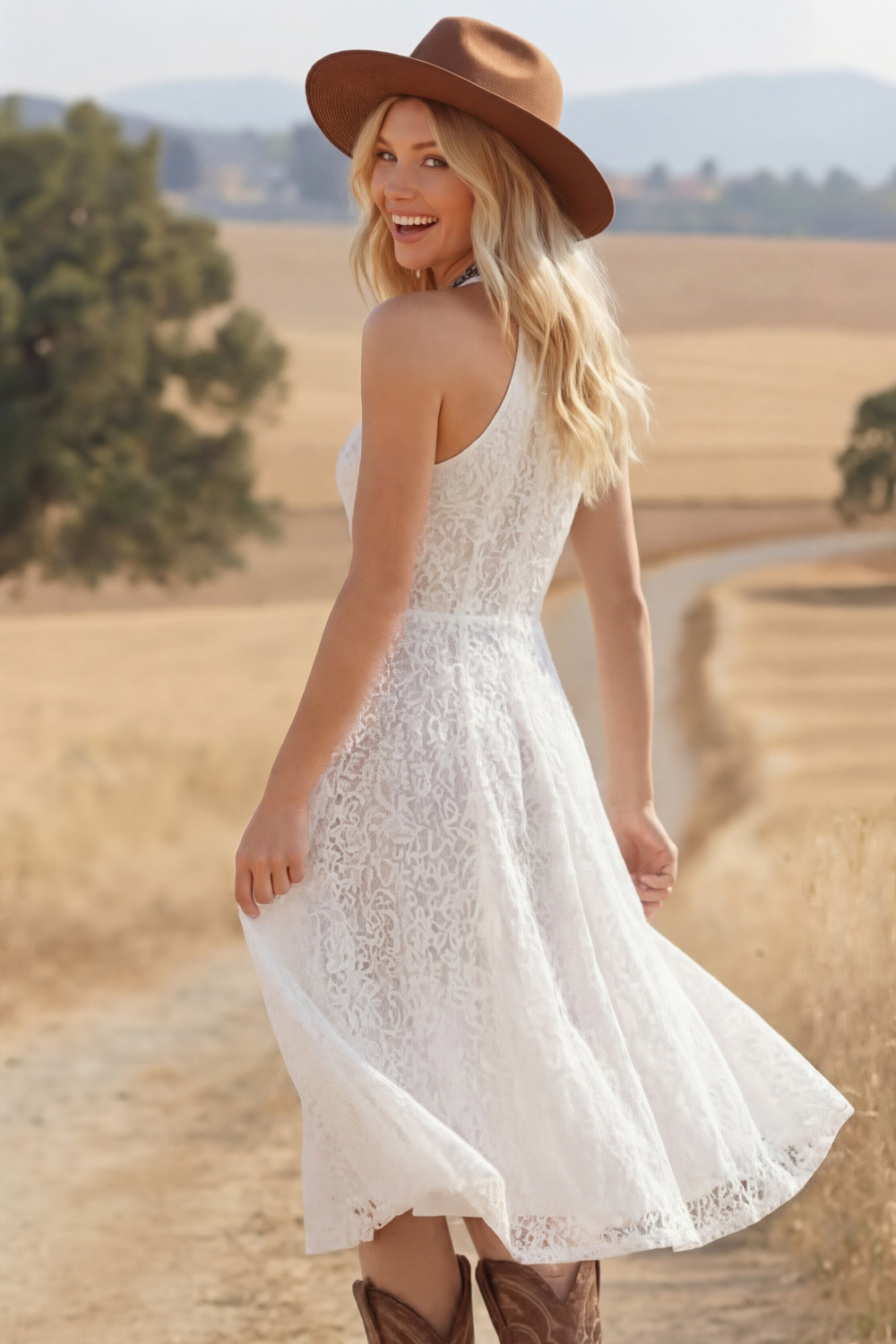 White Lace A Line Halter Midi Boho Western Wedding Dress