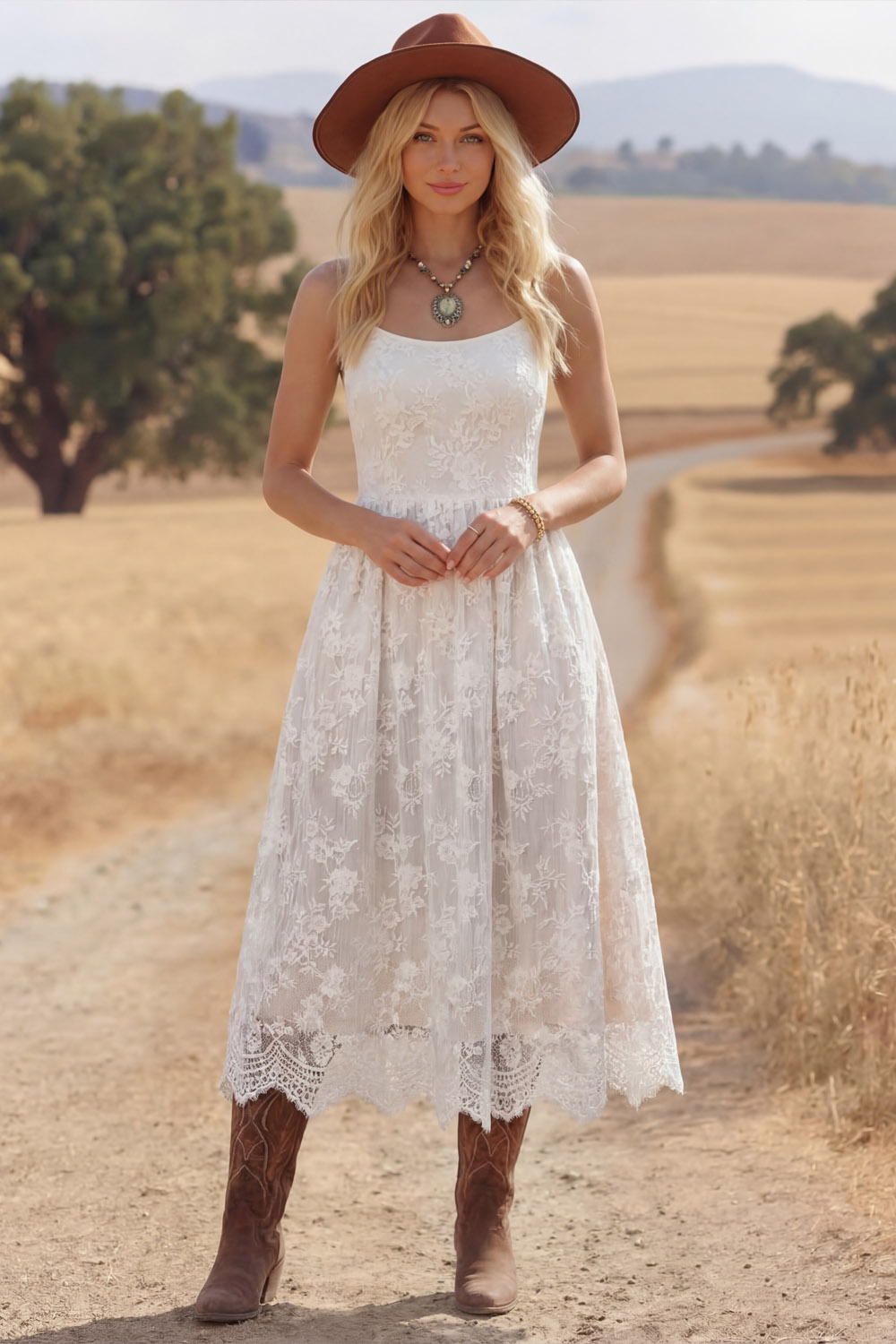 White Lace Spaghetti Straps A Line Midi Boho Western Wedding Dress