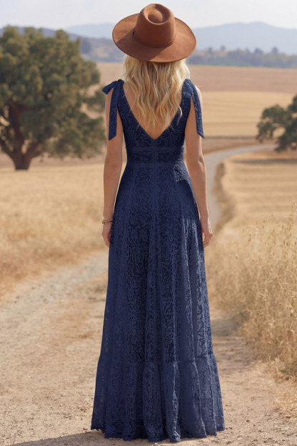 White Lace Bow Tie Straps A Line Maxi Boho Western Wedding Dress with Slit