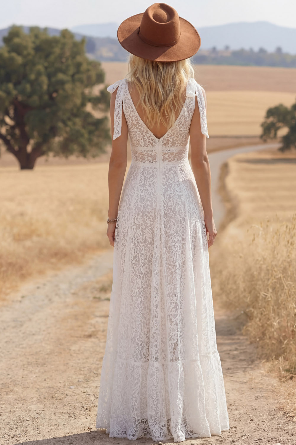 White Lace Bow Tie Straps A Line Maxi Boho Western Wedding Dress with Slit