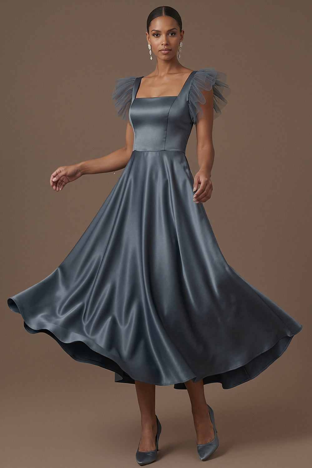 Dusty Blue A Line Satin Square Neck Ruffled Long Formal Dress
