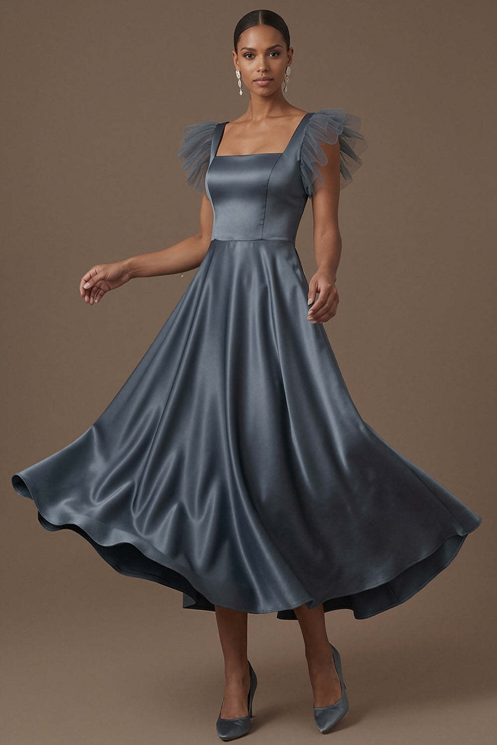 Dusty Blue A Line Satin Square Neck Ruffled Long Formal Dress