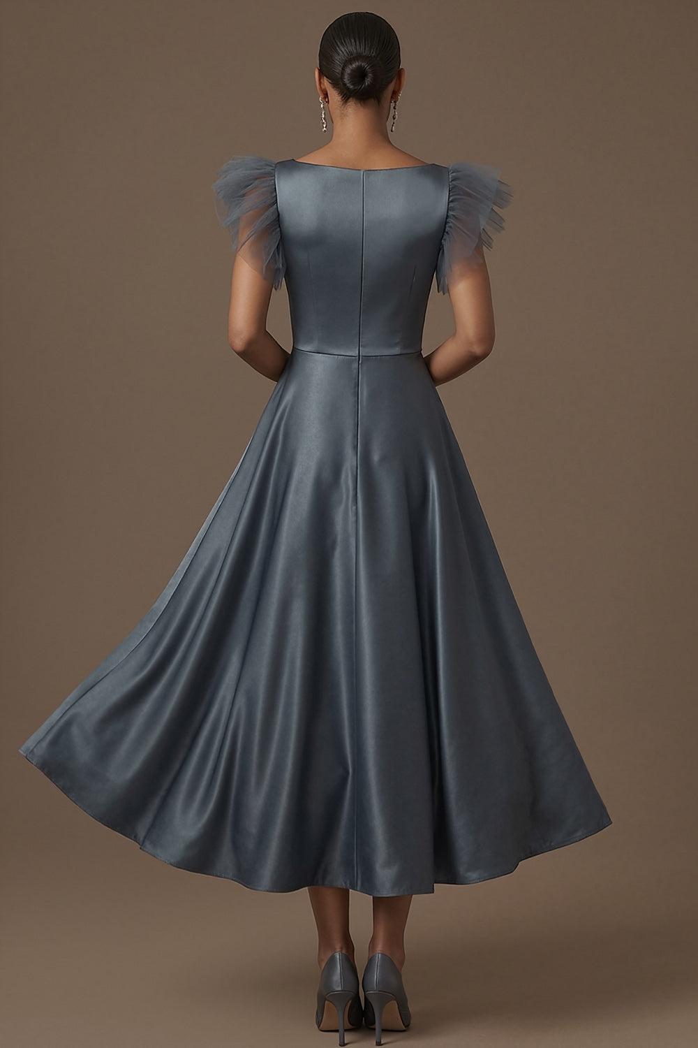 Dusty Blue A Line Satin Square Neck Ruffled Long Formal Dress