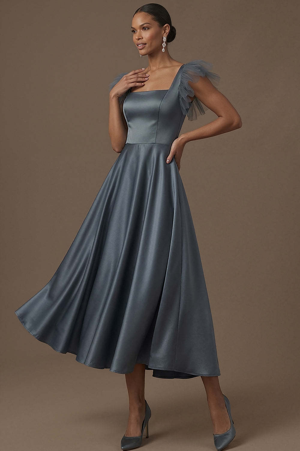 Dusty Blue A Line Satin Square Neck Ruffled Long Formal Dress
