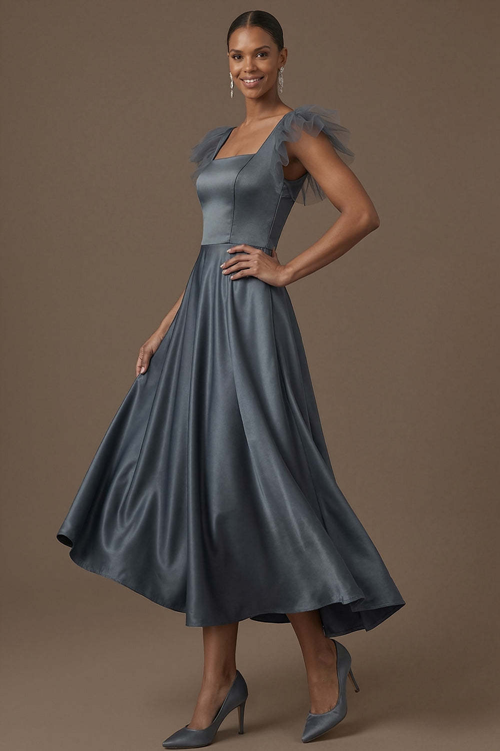 Dusty Blue A Line Satin Square Neck Ruffled Long Formal Dress