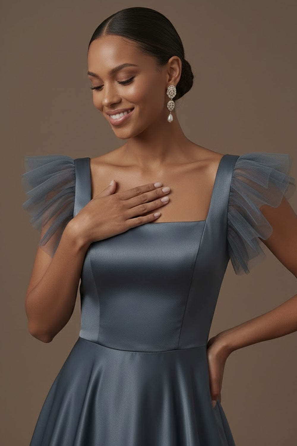 Dusty Blue A Line Satin Square Neck Ruffled Long Formal Dress