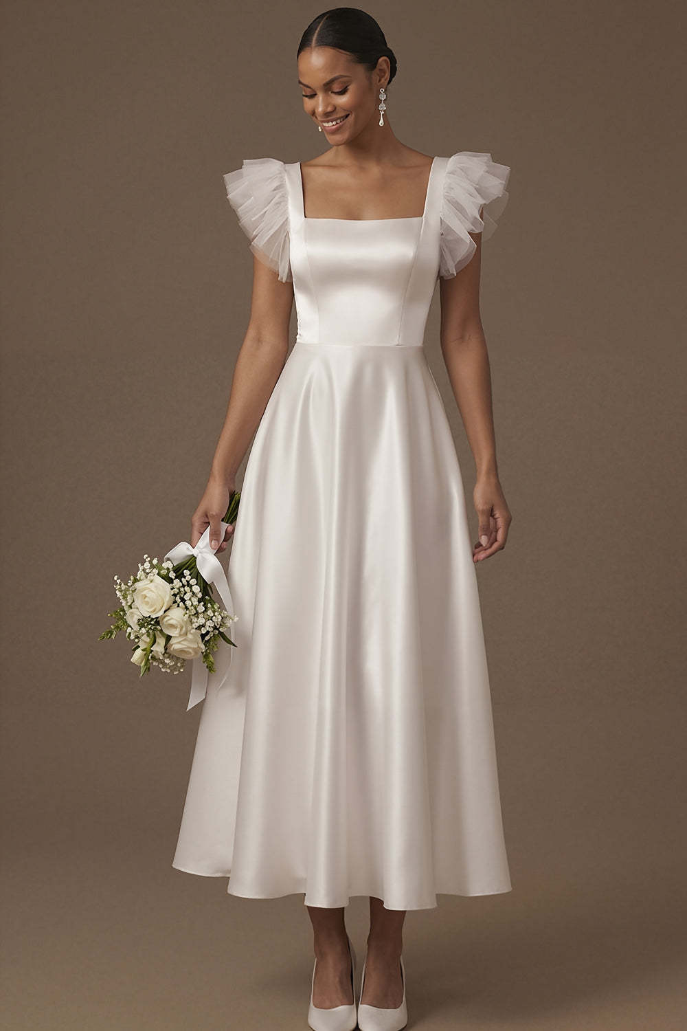 Leely Women Dusty Blue A Line Square Neck Ruffled Long Formal Dress Satin Backless Sleeveless Evening Dress