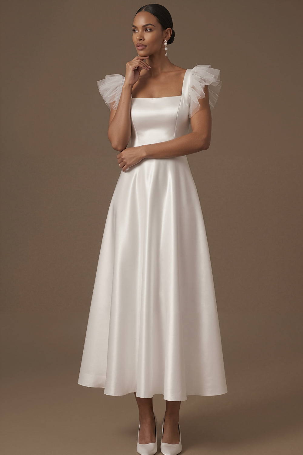 Dusty Blue A Line Satin Square Neck Ruffled Long Formal Dress